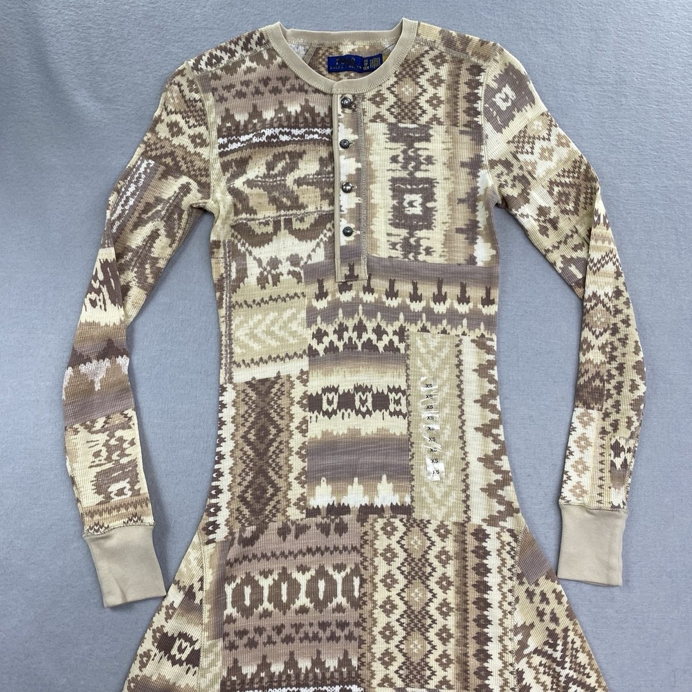 Polo Ralph Lauren Dress Womens Extra Small Beige Henley Maxi Aztec Patch Print - Picture 2 of 13